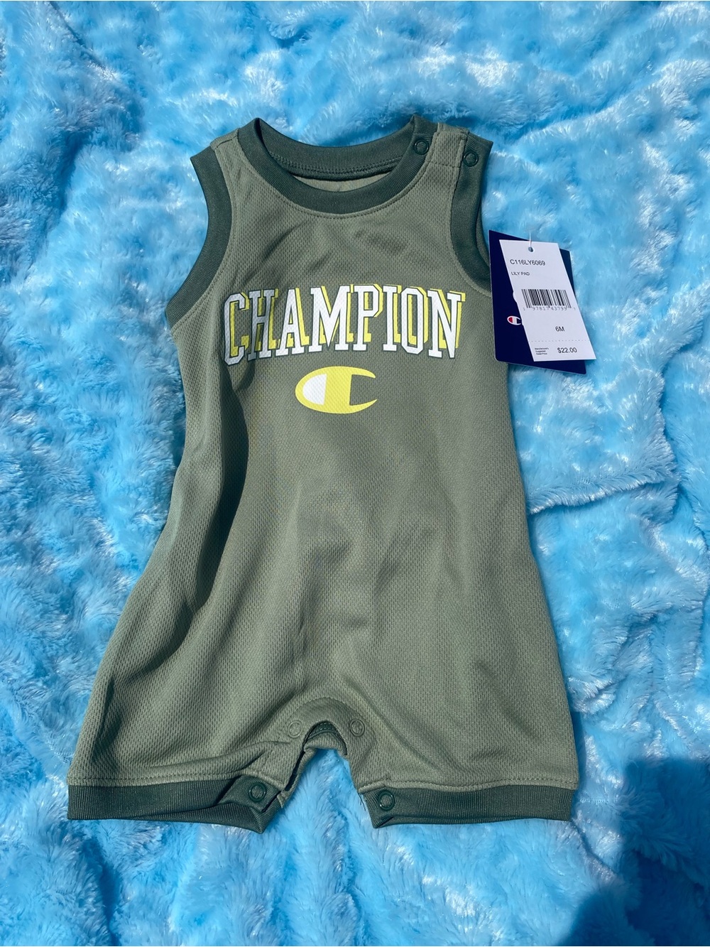 Champion Olive Green Sleeveless Baby Romper with Yellow Logo